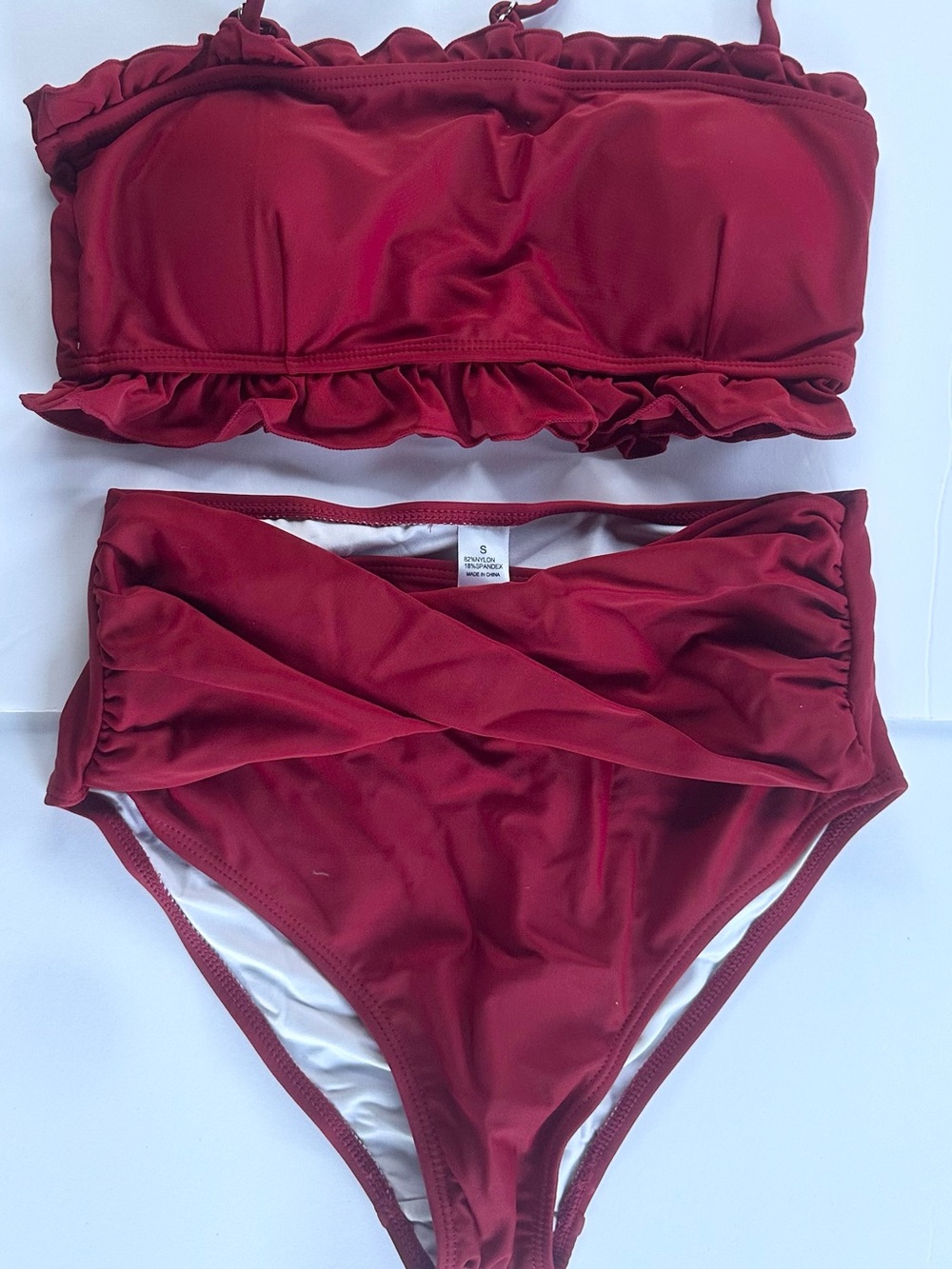 Ruffle Bandeau Bikini Set in Deep Wine Red